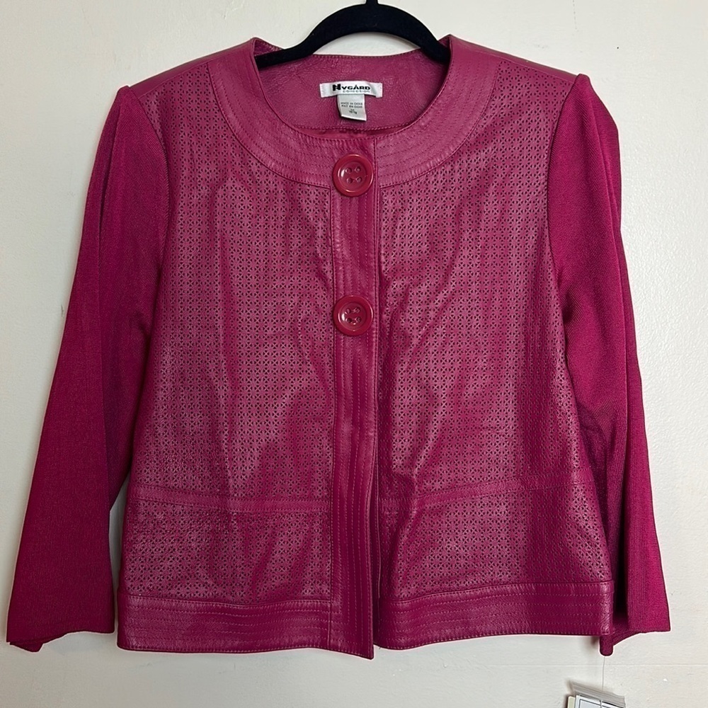 Nygard Collections Perforated Leather Cropped Length 3/4 Sleeve 3 Button Jacket